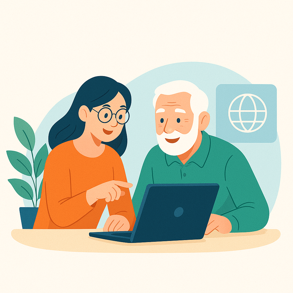 Illustration of a senior learning computer skills