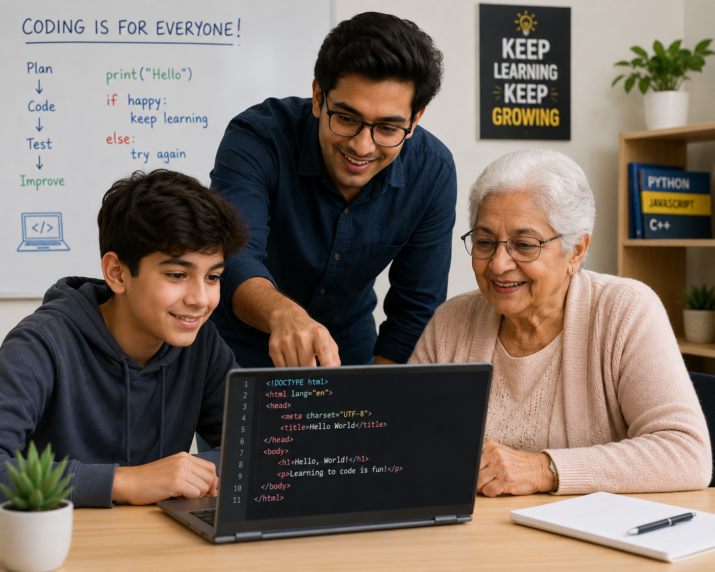 Illustration of a senior learning computer skills
